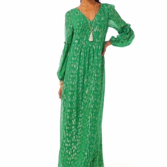 NWT Lilly Pulitzer Cleme Maxi Dress Long Sleeve Green Mystical Metallic 12,14,16 - Picture 4 of 6